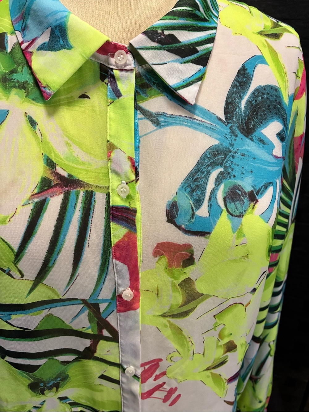 a.n.a Tropical Floral Button-Down Shirt in Neon Green, Blue, Pink - Picture 2 of 9